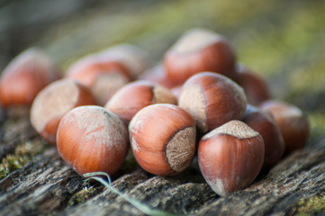 closeup of nuts on wooden table  background