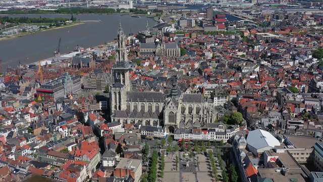Aerial view of cityscape of Antwerp, gothic style landmark Cathedral of Our Lady Antwerp and river Scheldt in historic center of city - landscape panorama of Belgium from above, Europe