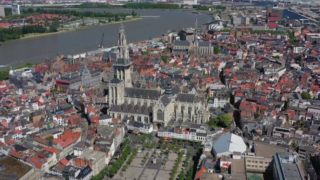 Aerial view of cityscape of Antwerp, gothic style landmark Cathedral of Our Lady Antwerp and river Scheldt in historic center of city - landscape panorama of Belgium from above, Europe