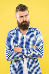 Have some doubts. Thoughtful bearded man on yellow background close up. Thoughtful expression. Need...
