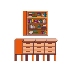 desk and shelving with stack of books on white background