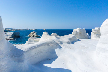 Amazing white volcanic rocks formatting a moonscape at Sarakiniko beach in Milos, Greece