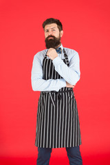 The apron is just part of my kit. Stylish waiter in elegant bow tie and bib apron. Bearded man...