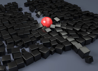 Red sphere moving through group of black cubes