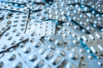 Drug prescription for treatment medication. Pharmaceutical medicament, cure in container for health. Pharmacy theme, capsule pills with medicine antibiotic in packages.