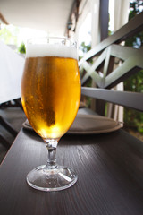 Closeup of a glass of light beer on the bar, summer vacation concept, selective focus