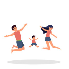 Fototapeta na wymiar Summer time. Young family on vacation. Have fun jumping on sea beach. Flat style. Funny cartoon character. Vector illustration 