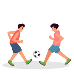 Flat illustration of two men playing beach football on the beach. Summer activities