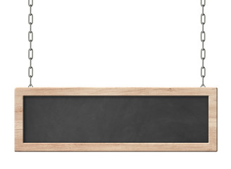Oblong blackboard with bright wooden frame hanging on chains