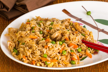 Chicken Fried Rice on Oriental Design Platter with Chopsticks
