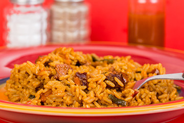 Cajun Sausage Jambalaya Extreme Closeup with Selective Focus