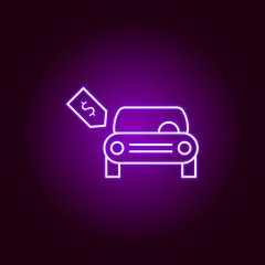 Fototapeta na wymiar brand new car dollar tag outline icon in neon style. Elements of car repair illustration in neon style icon. Signs and symbols can be used for web, logo, mobile app, UI, UX
