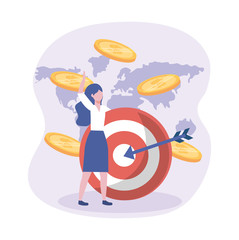 businesswoman and target with arrow and coins with global map