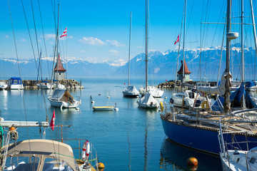 Picturesque little port and sailing boats on Lake Geneva in Morges