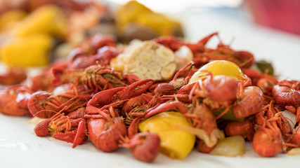 Crawfish and Corn Cob Over White Butcher Paper