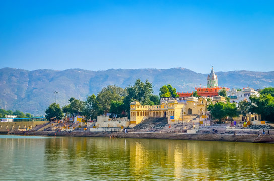 Panoramic view on Holy Lake and city Pushkar, Rajasthan, India.