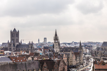 Fototapeta na wymiar Ghent, Belgium - APRIL 6, 2019: View from the top of the city Ghent