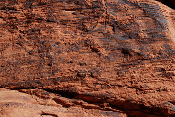 Wall of petroglyphs on red sandstone
