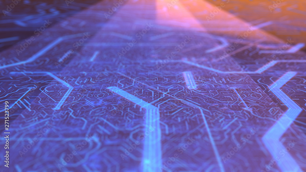 Wall mural digital data information transfer on circuit board technology - conceptual 3d render graphic