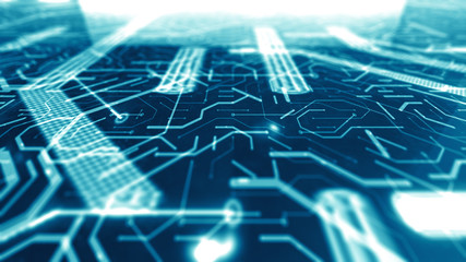 Circuit board futuristic server code circuits processing data - Conceptual 3D Render Graphic