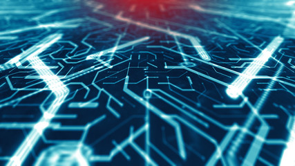 Circuit board blue technology background CPU processing computer data - Conceptual 3D Render Graphic