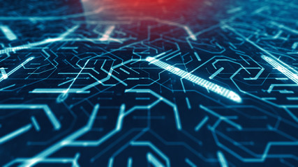 Electronic circuit board processing computer data close up - Conceptual 3D Render Graphic