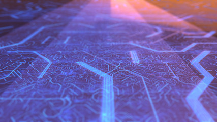 Digital data information transfer on circuit board technology - Conceptual 3D Render Graphic