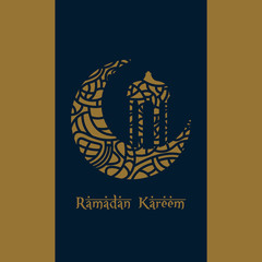 Ramadam Kareem poster with a textured moon and a building - Vector