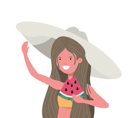 woman with swimsuit and portion of watermelon in hand