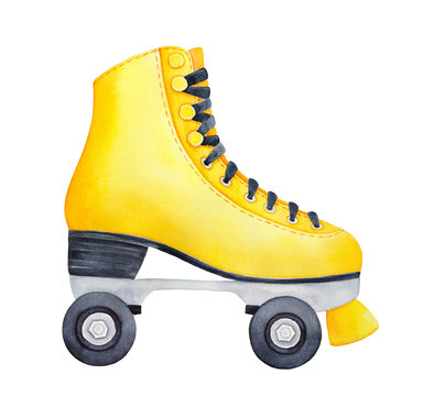 Side view of beautiful bright yellow roller skate with black wheels and laces. Hand drawn water color sketchy drawing on white background, cut out clipart element for creative design decoration.