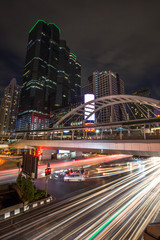 Fototapeta na wymiar Sky WalkSathorn-Narathiwat intersection(Saphan Chong Nonsi) - Bangkok: May 25,2019,the atmosphere on the road is crowded with traffic and residents gradually return by BTS in Chong area Nonsi,Thailand