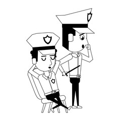 policemen working avatar cartoon character in black and white