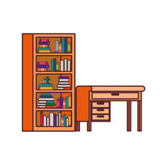 desk and shelving with stack of books on white background