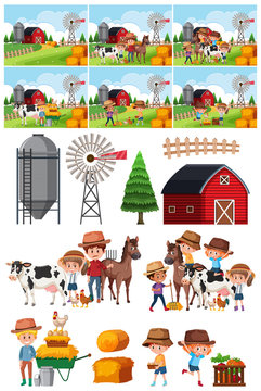 Set of farm object and background