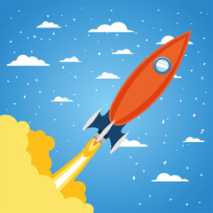 Rocket over clouds and pointed background design