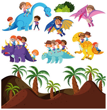 Kids riding dinosaur and prehistoric background