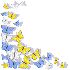 WebCorner frame of yellow, blue, white butterflies isolated on white background. Vector clipart.