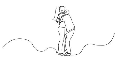 continuous line drawing of guy and girl couple hugging each other
