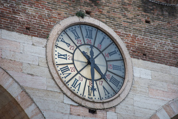 Verona Clock ,Corso Porta Nuova street and medieval Gates Portoni della Bra, Verona, Italy,2019