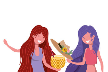women with swimsuit and pineapple cocktail