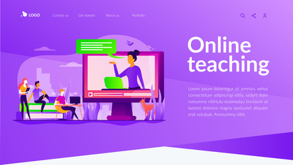 Futuristic school learning environment. On-demand webinar, lecturing. Online teaching, share your knowledge, English teacher online concept. Website homepage header landing web page template.
