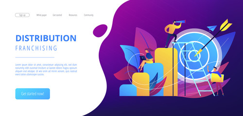 Businessman on top looking into telescope and employees. Business opportunity, bizopp and franchising, distribution concept on white background. Website vibrant violet landing web page template.