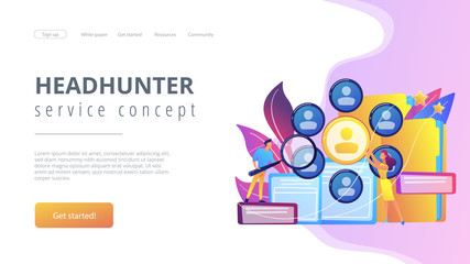 Human resourses managers doing professional staff research with magnifier. Human resources, HR team work and headhunter service concept. Website vibrant violet landing web page template.