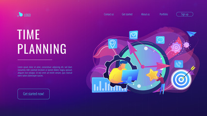 Fototapeta premium Businessman trying to accomplish tasks and goals on time and big clock and computer. Time management, effective time spending, time planning concept. Website vibrant violet landing web page template.