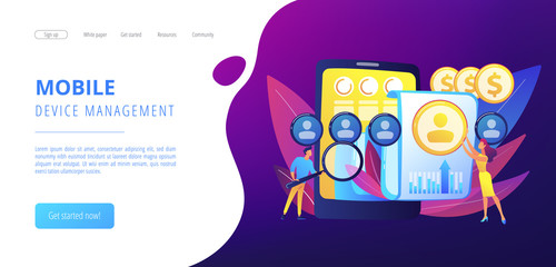 Specialists manage mobile expenses. Mobile expense management, expense management system, mobile device management and mobile network concept. Website vibrant violet landing web page template.