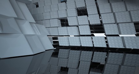 Abstract white and black interior multilevel public space with window. 3D illustration and rendering.