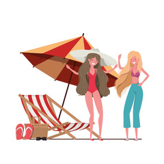 women with swimsuit on the beach and umbrella