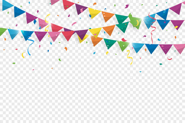 Fototapeta premium Colorful bunting flags with Confetti and ribbons for birthday, celebration, carnival, anniversary and holiday party on white background. Vector illustration