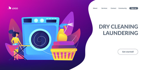 Laundry service worker ironing, washing machine. Dry cleaning and laundering, laundry facilities industry, cleaning and restoration services concept. Website vibrant violet landing web page template.