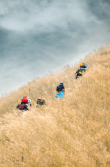 People walking above hill with Subsistence equipment in the baggage.Beautiful natural scene of grassland and sky.top copy space